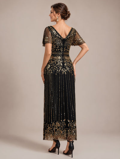 Tüll V-Ausschnitt Etui-Schnitt Volantärmel Reißverschluss hinten Kleid #Farbe_Schwarz & Gold