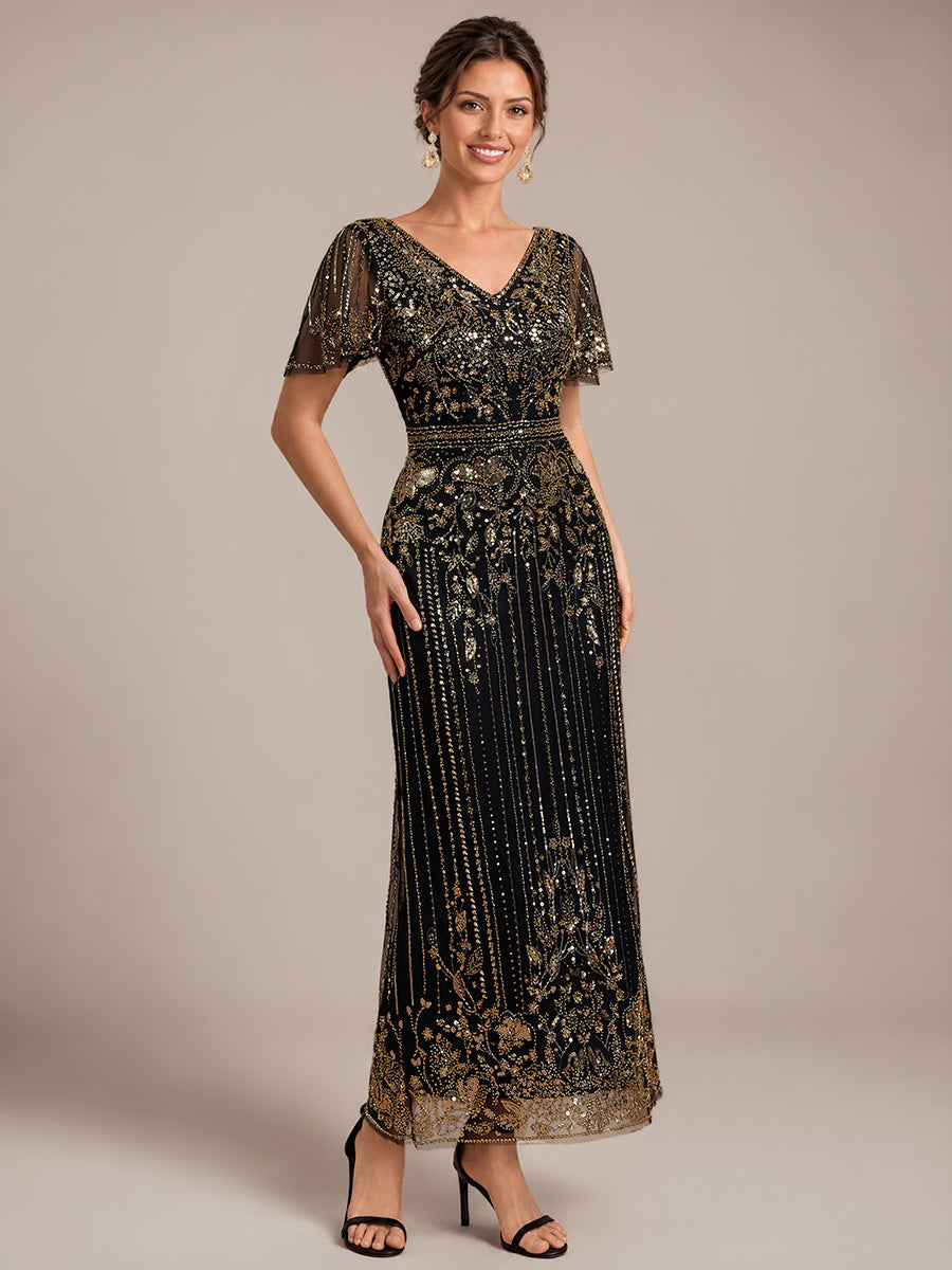 Tüll V-Ausschnitt Etui-Schnitt Volantärmel Reißverschluss hinten Kleid #Farbe_Schwarz & Gold