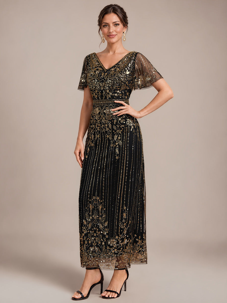 Tüll V-Ausschnitt Etui-Schnitt Volantärmel Reißverschluss hinten Kleid #Farbe_Schwarz & Gold