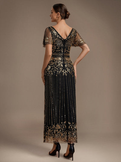 Tüll V-Ausschnitt Etui-Schnitt Volantärmel Reißverschluss hinten Kleid #Farbe_Schwarz & Gold