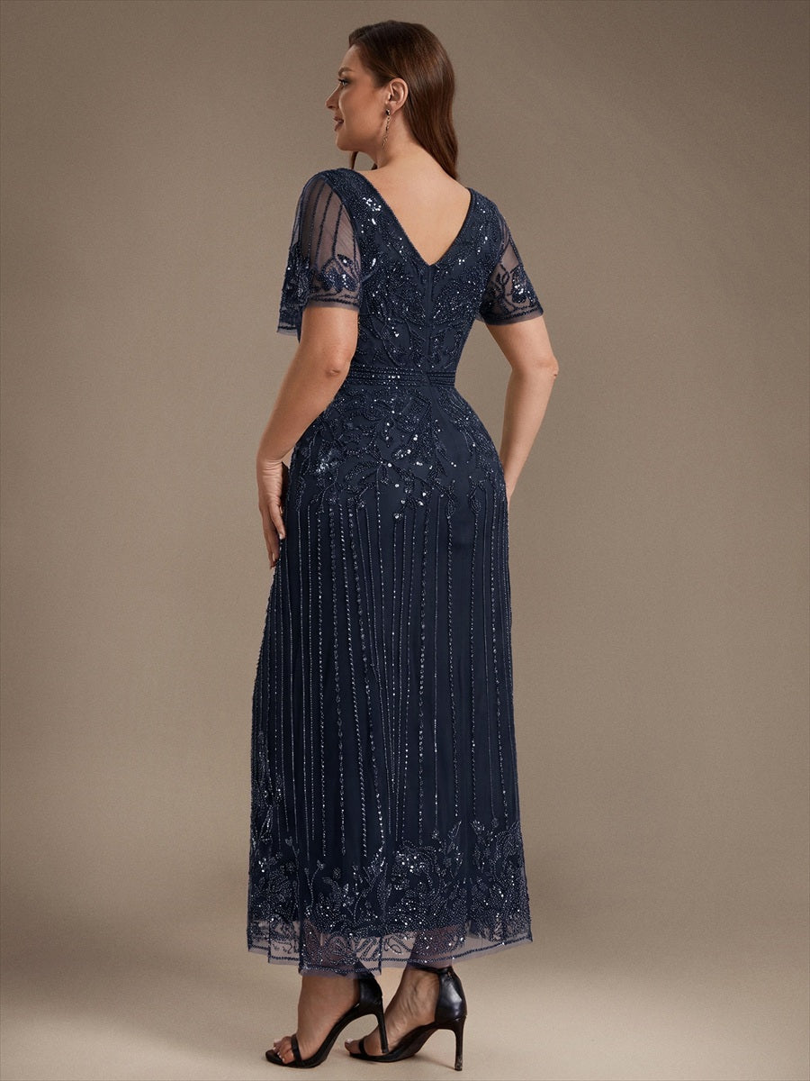 Tüll V-Ausschnitt Etui-Schnitt Volantärmel Reißverschluss hinten Kleid #Farbe_Marineblau