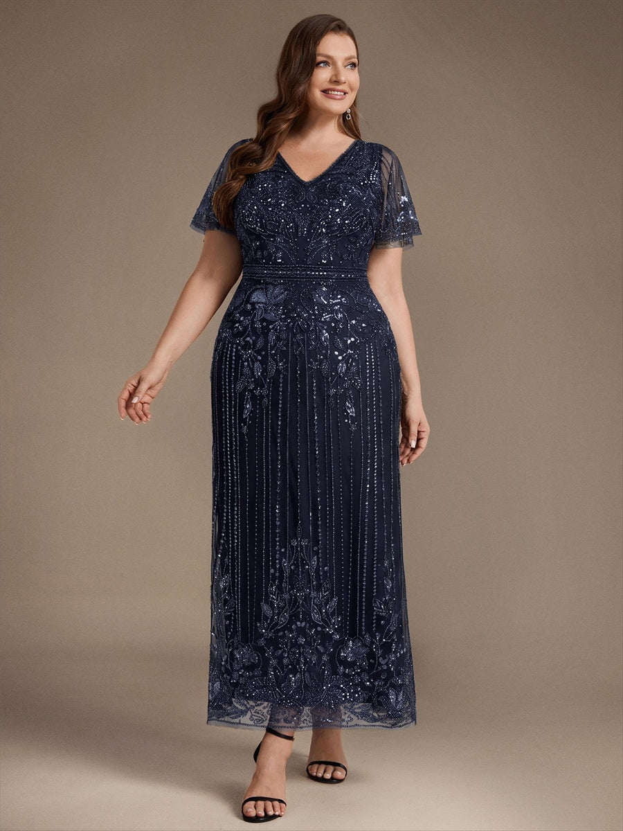 Tüll V-Ausschnitt Etui-Schnitt Volantärmel Reißverschluss hinten Kleid #Farbe_Marineblau