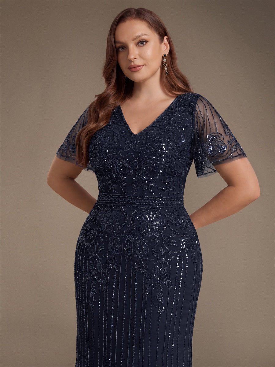 Tüll V-Ausschnitt Etui-Schnitt Volantärmel Reißverschluss hinten Kleid #Farbe_Marineblau