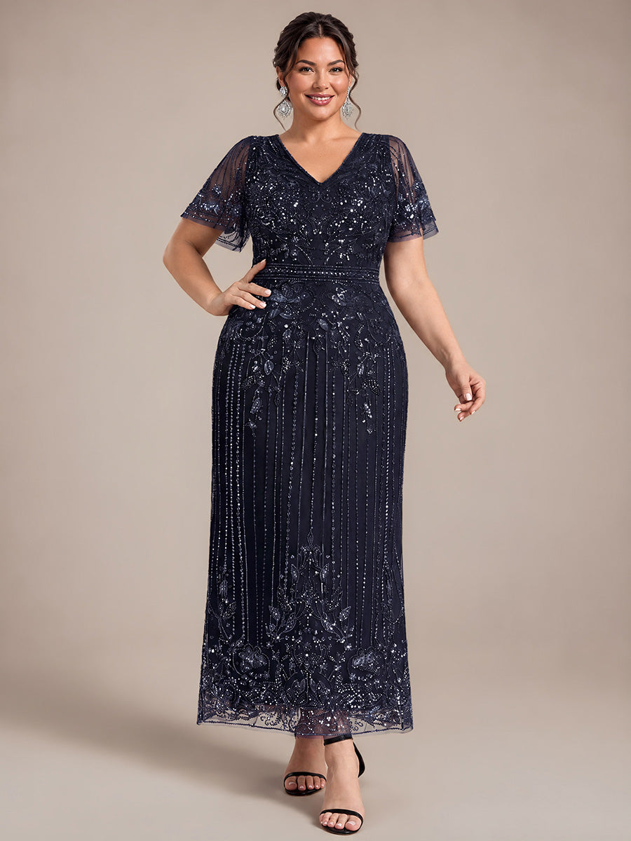 Tüll V-Ausschnitt Etui-Schnitt Volantärmel Reißverschluss hinten Kleid #Farbe_Marineblau