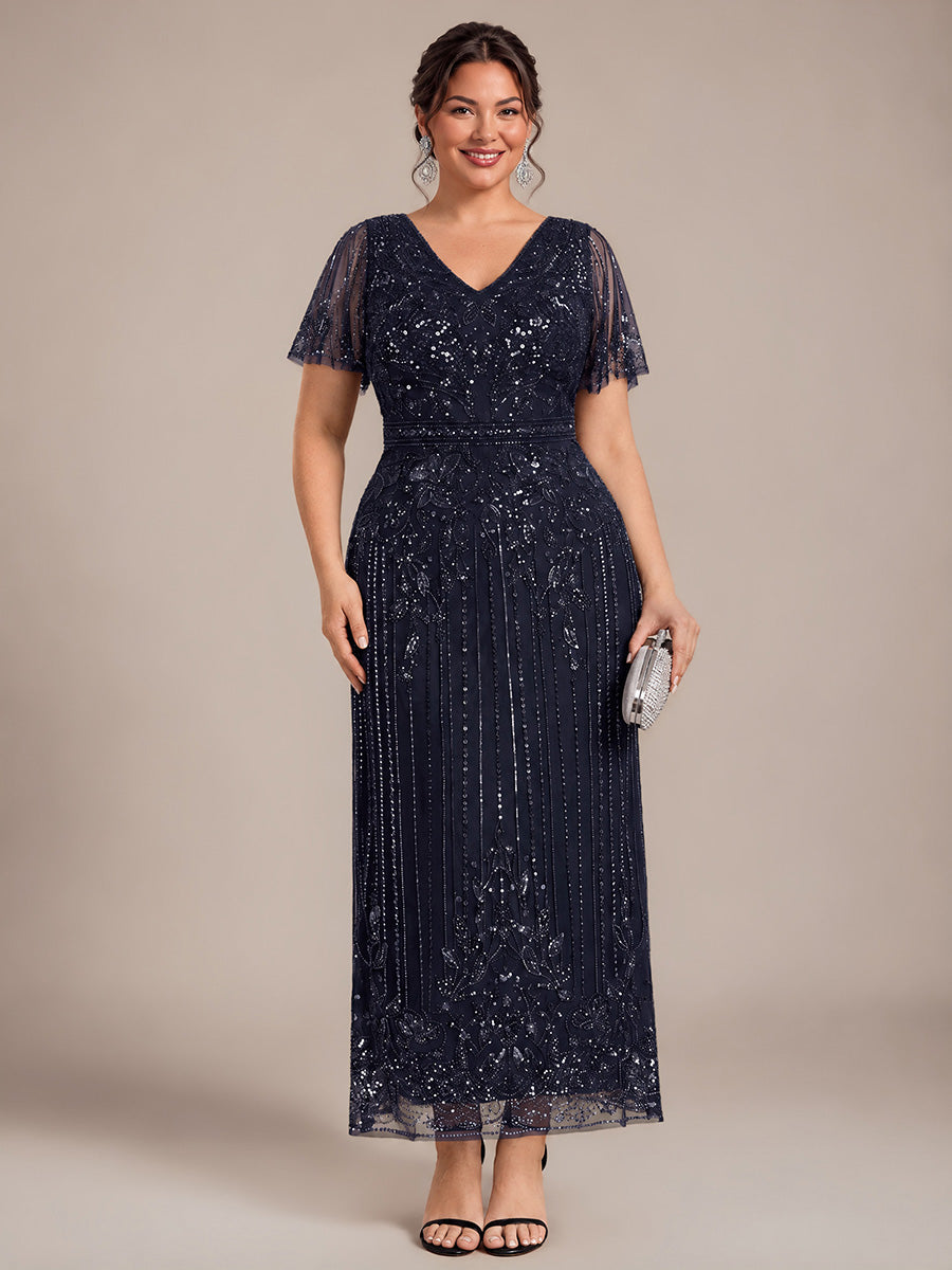 Tüll V-Ausschnitt Etui-Schnitt Volantärmel Reißverschluss hinten Kleid #Farbe_Marineblau