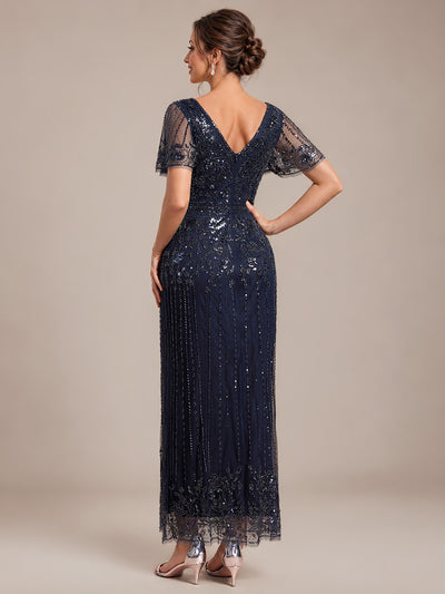 Tüll V-Ausschnitt Etui-Schnitt Volantärmel Reißverschluss hinten Kleid #Farbe_Marineblau