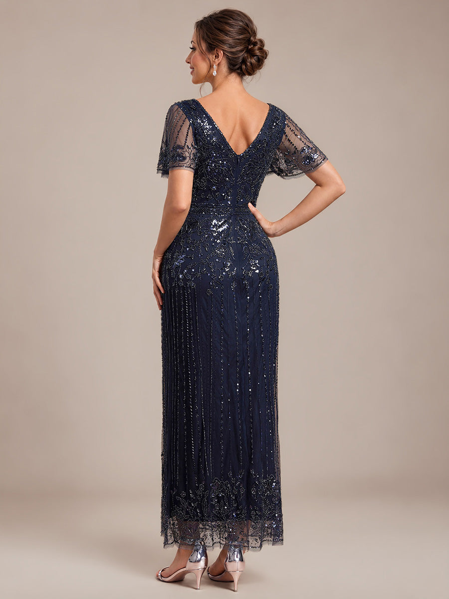 Tüll V-Ausschnitt Etui-Schnitt Volantärmel Reißverschluss hinten Kleid #Farbe_Marineblau