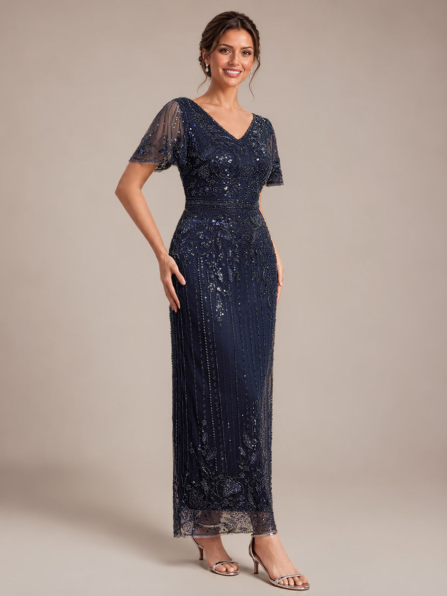 Tüll V-Ausschnitt Etui-Schnitt Volantärmel Reißverschluss hinten Kleid #Farbe_Marineblau