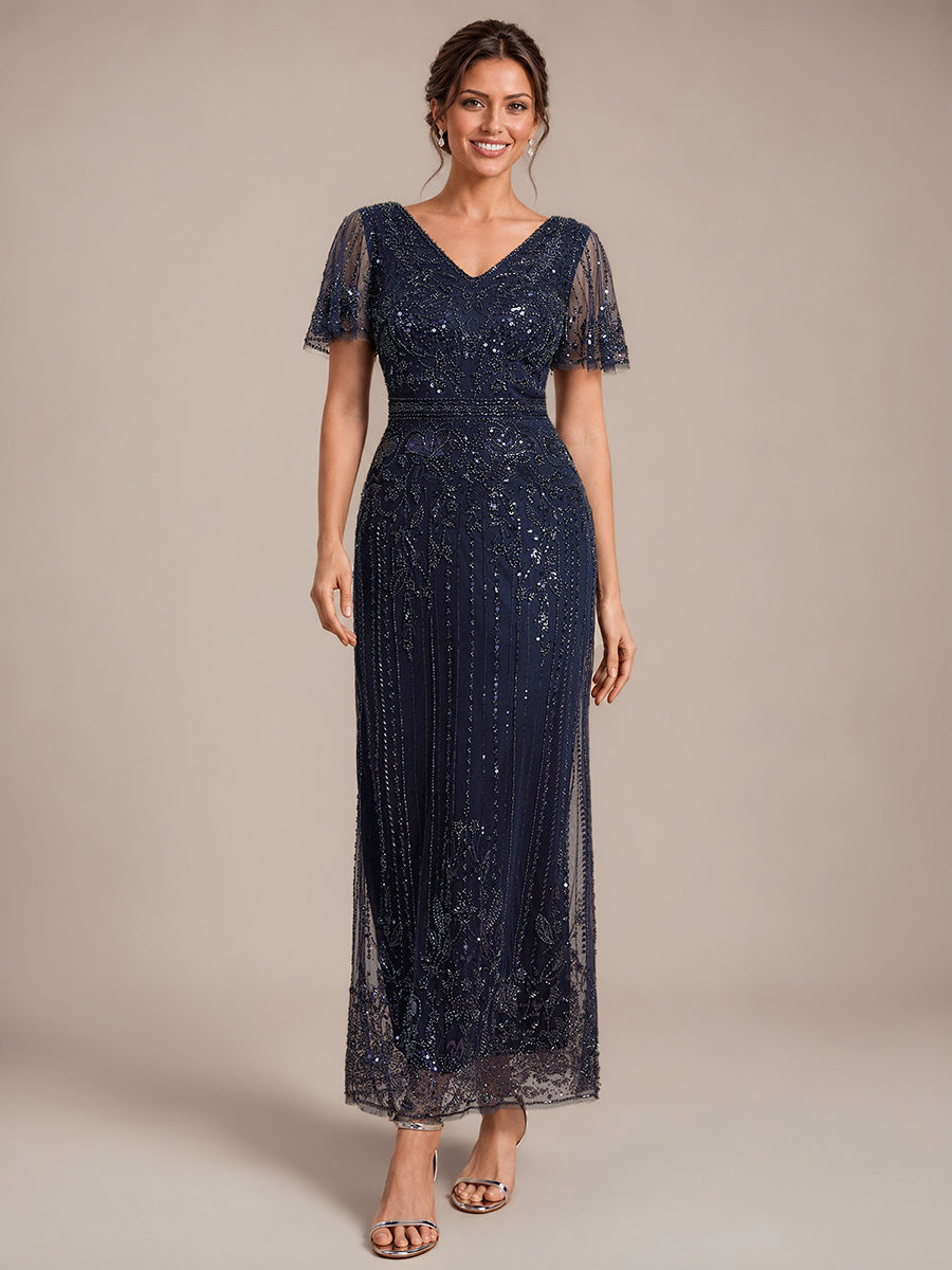 Tüll V-Ausschnitt Etui-Schnitt Volantärmel Reißverschluss hinten Kleid #Farbe_Marineblau