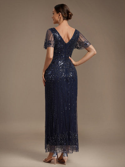 Tüll V-Ausschnitt Etui-Schnitt Volantärmel Reißverschluss hinten Kleid #Farbe_Marineblau