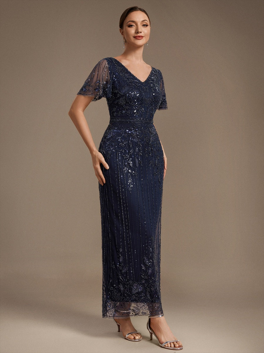 Tüll V-Ausschnitt Etui-Schnitt Volantärmel Reißverschluss hinten Kleid #Farbe_Marineblau