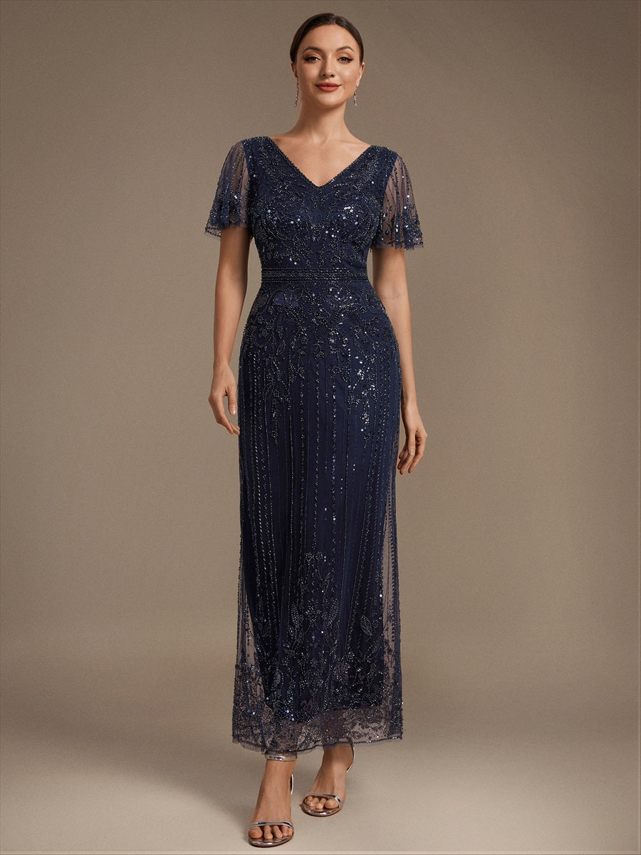 Tüll V-Ausschnitt Etui-Schnitt Volantärmel Reißverschluss hinten Kleid #Farbe_Marineblau