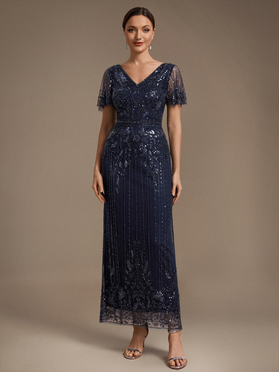 Tüll V-Ausschnitt Etui-Schnitt Volantärmel Reißverschluss hinten Kleid #Farbe_Marineblau