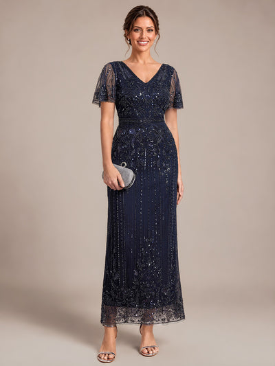 Tüll V-Ausschnitt Etui-Schnitt Volantärmel Reißverschluss hinten Kleid #Farbe_Marineblau