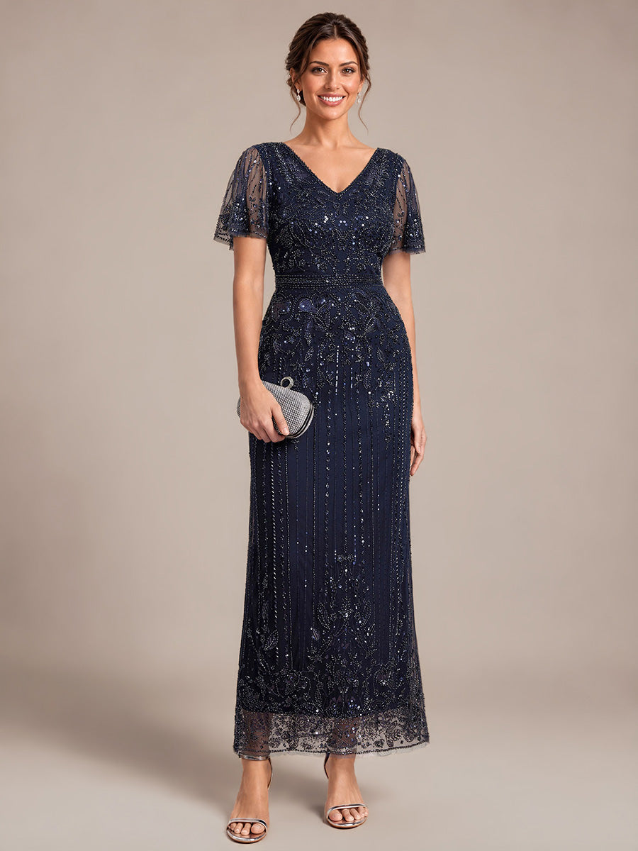 Tüll V-Ausschnitt Etui-Schnitt Volantärmel Reißverschluss hinten Kleid #Farbe_Marineblau