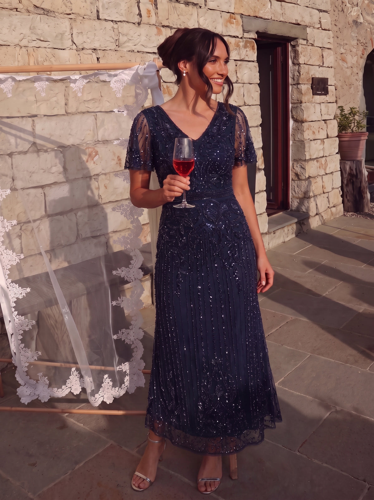 Tüll V-Ausschnitt Etui-Schnitt Volantärmel Reißverschluss hinten Kleid #Farbe_Marineblau