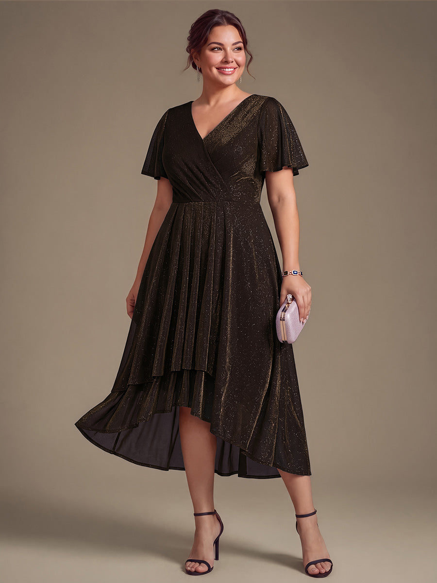 Asymmetrischer Saum Kleid Überkreuzter Ausschnitt A-Linien Schnitt Lurex Netzstoff 3D Drapierung Taschentuchsaum #Farbe_Braun
