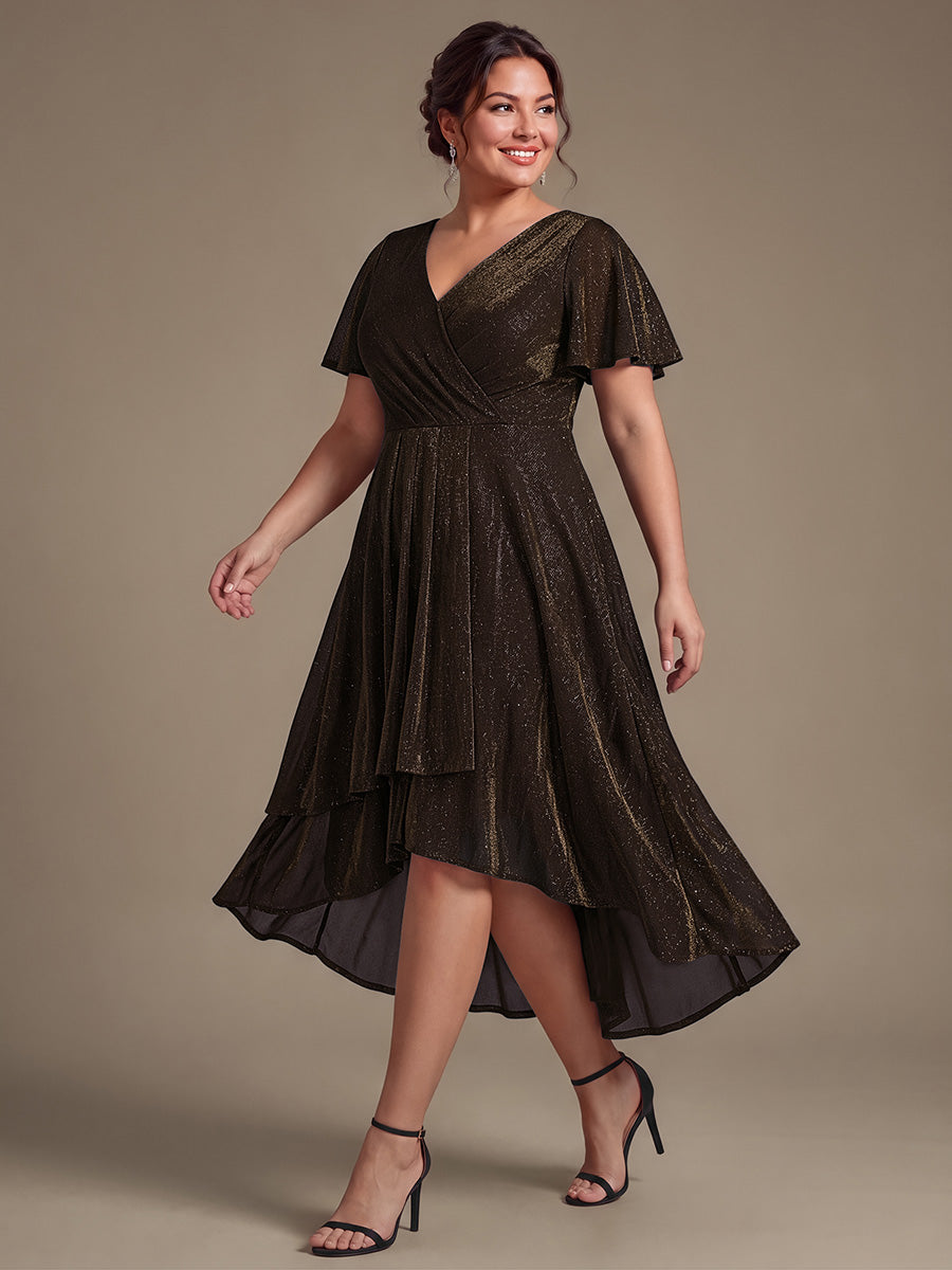 Asymmetrischer Saum Kleid Überkreuzter Ausschnitt A-Linien Schnitt Lurex Netzstoff 3D Drapierung Taschentuchsaum #Farbe_Braun