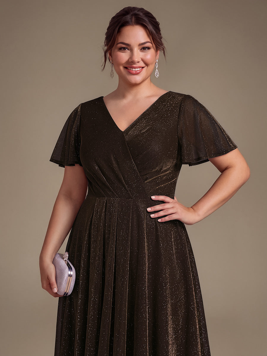 Asymmetrischer Saum Kleid Überkreuzter Ausschnitt A-Linien Schnitt Lurex Netzstoff 3D Drapierung Taschentuchsaum #Farbe_Braun