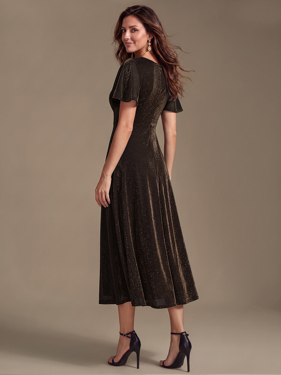 Asymmetrischer Saum Kleid Überkreuzter Ausschnitt A-Linien Schnitt Lurex Netzstoff 3D Drapierung Taschentuchsaum #Farbe_Braun