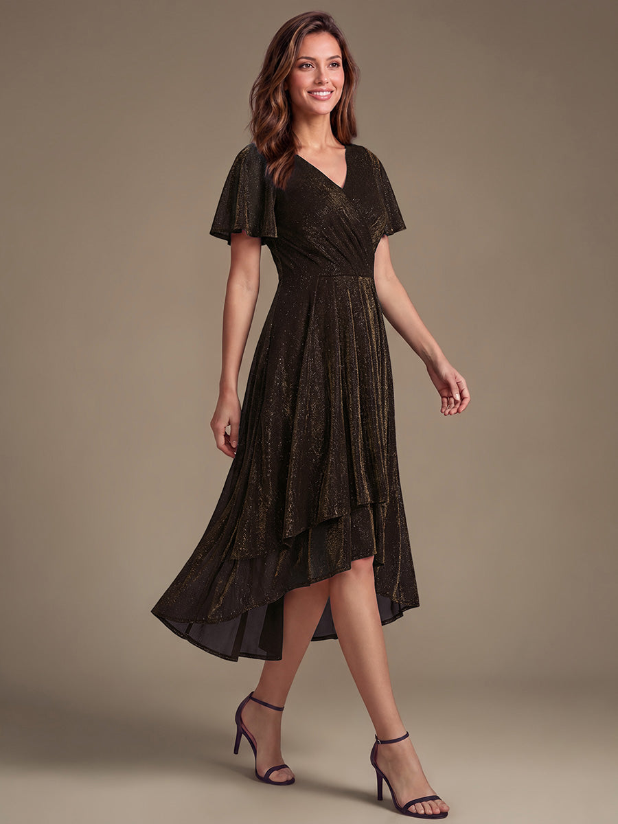 Asymmetrischer Saum Kleid Überkreuzter Ausschnitt A-Linien Schnitt Lurex Netzstoff 3D Drapierung Taschentuchsaum #Farbe_Braun