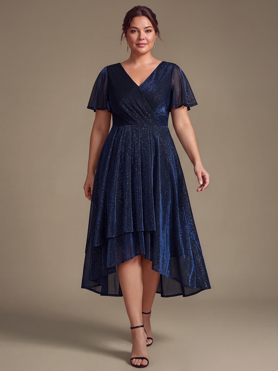 Asymmetrischer Saum Kleid Überkreuzter Ausschnitt A-Linien Schnitt Lurex Netzstoff 3D Drapierung Taschentuchsaum #Farbe_Marineblau