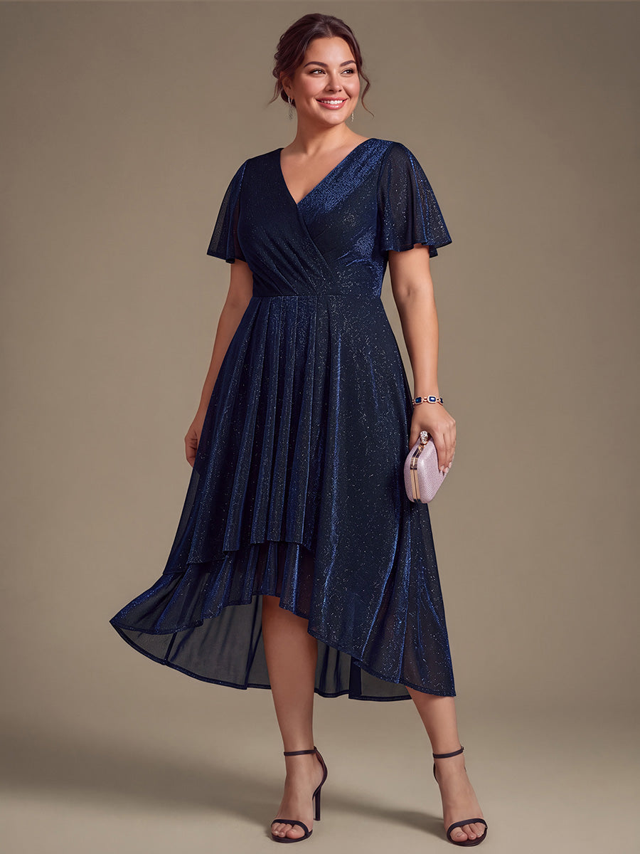 Asymmetrischer Saum Kleid Überkreuzter Ausschnitt A-Linien Schnitt Lurex Netzstoff 3D Drapierung Taschentuchsaum #Farbe_Marineblau
