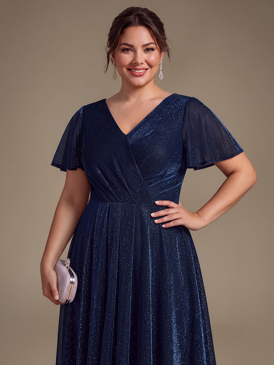 Asymmetrischer Saum Kleid Überkreuzter Ausschnitt A-Linien Schnitt Lurex Netzstoff 3D Drapierung Taschentuchsaum #Farbe_Marineblau