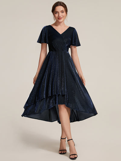 Asymmetrischer Saum Kleid Überkreuzter Ausschnitt A-Linien Schnitt Lurex Netzstoff 3D Drapierung Taschentuchsaum #Farbe_Marineblau