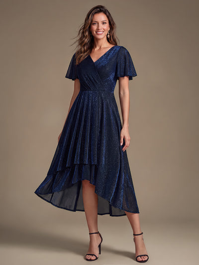 Asymmetrischer Saum Kleid Überkreuzter Ausschnitt A-Linien Schnitt Lurex Netzstoff 3D Drapierung Taschentuchsaum #Farbe_Marineblau