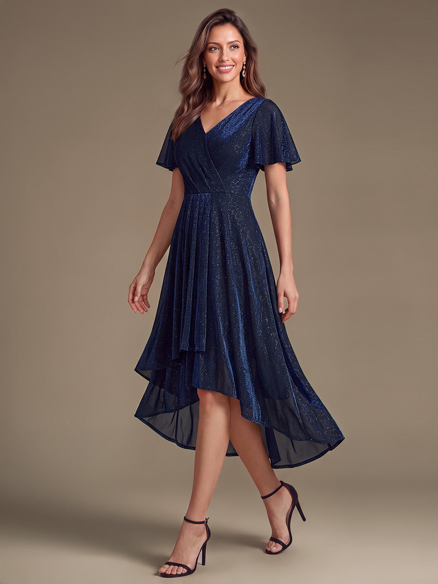 Asymmetrischer Saum Kleid Überkreuzter Ausschnitt A-Linien Schnitt Lurex Netzstoff 3D Drapierung Taschentuchsaum #Farbe_Marineblau