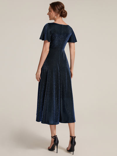 Asymmetrischer Saum Kleid Überkreuzter Ausschnitt A-Linien Schnitt Lurex Netzstoff 3D Drapierung Taschentuchsaum #Farbe_Marineblau