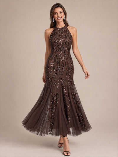 Maxilänge Halternacken Ausschnitt Figurbetontes Kleid Aus Pailletten Corsage Tüll Volants Kleid #Farbe_Chocolate Brown