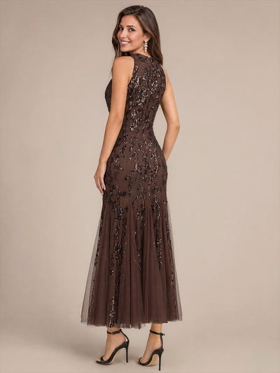 Maxilänge Halternacken Ausschnitt Figurbetontes Kleid Aus Pailletten Corsage Tüll Volants Kleid #Farbe_Chocolate Brown