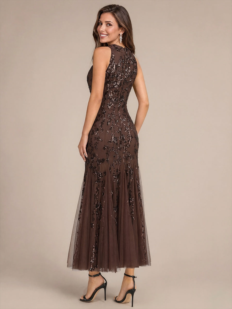 Maxilänge Halternacken Ausschnitt Figurbetontes Kleid Aus Pailletten Corsage Tüll Volants Kleid #Farbe_Chocolate Brown