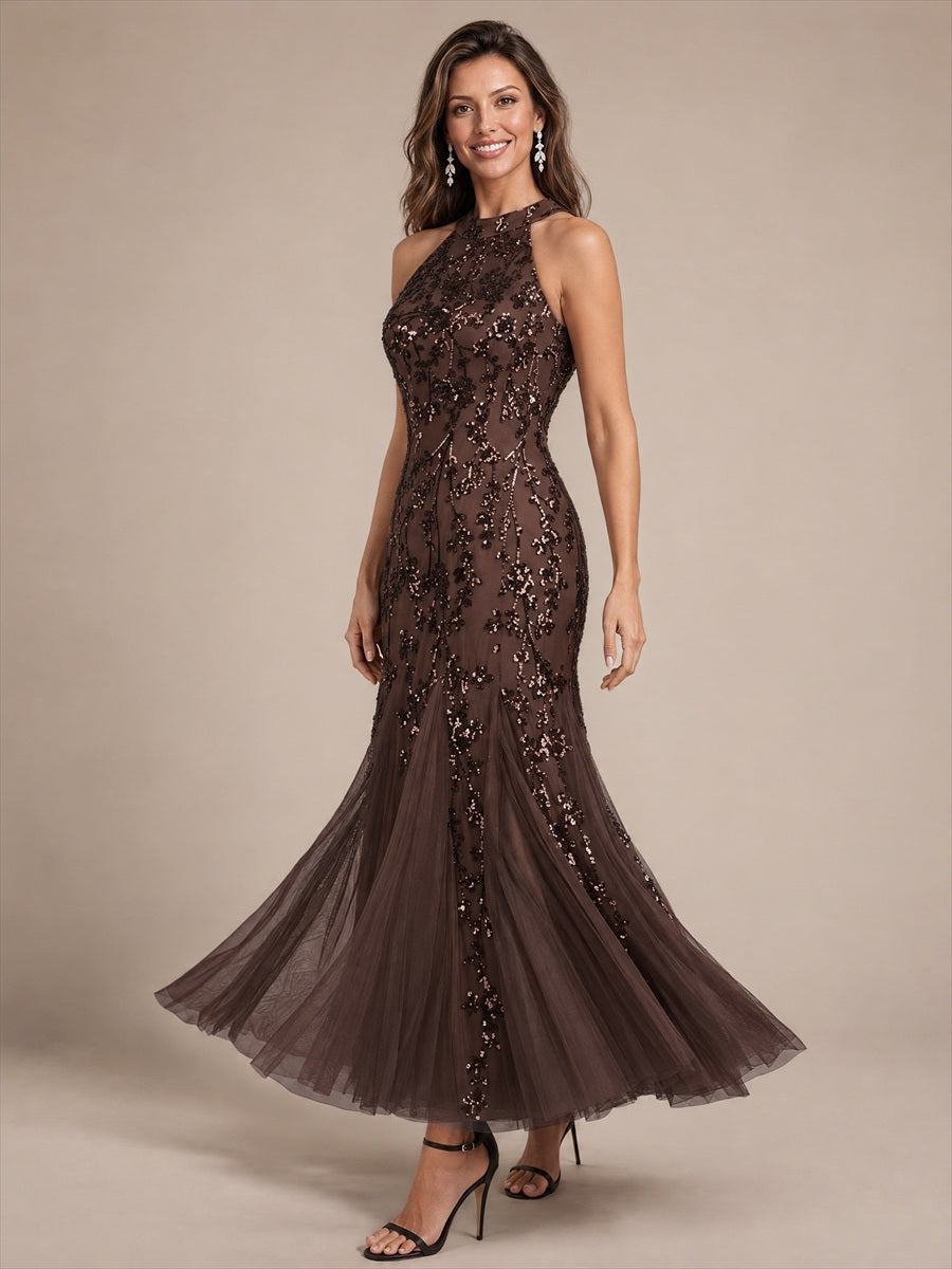 Maxilänge Halternacken Ausschnitt Figurbetontes Kleid Aus Pailletten Corsage Tüll Volants Kleid #Farbe_Chocolate Brown
