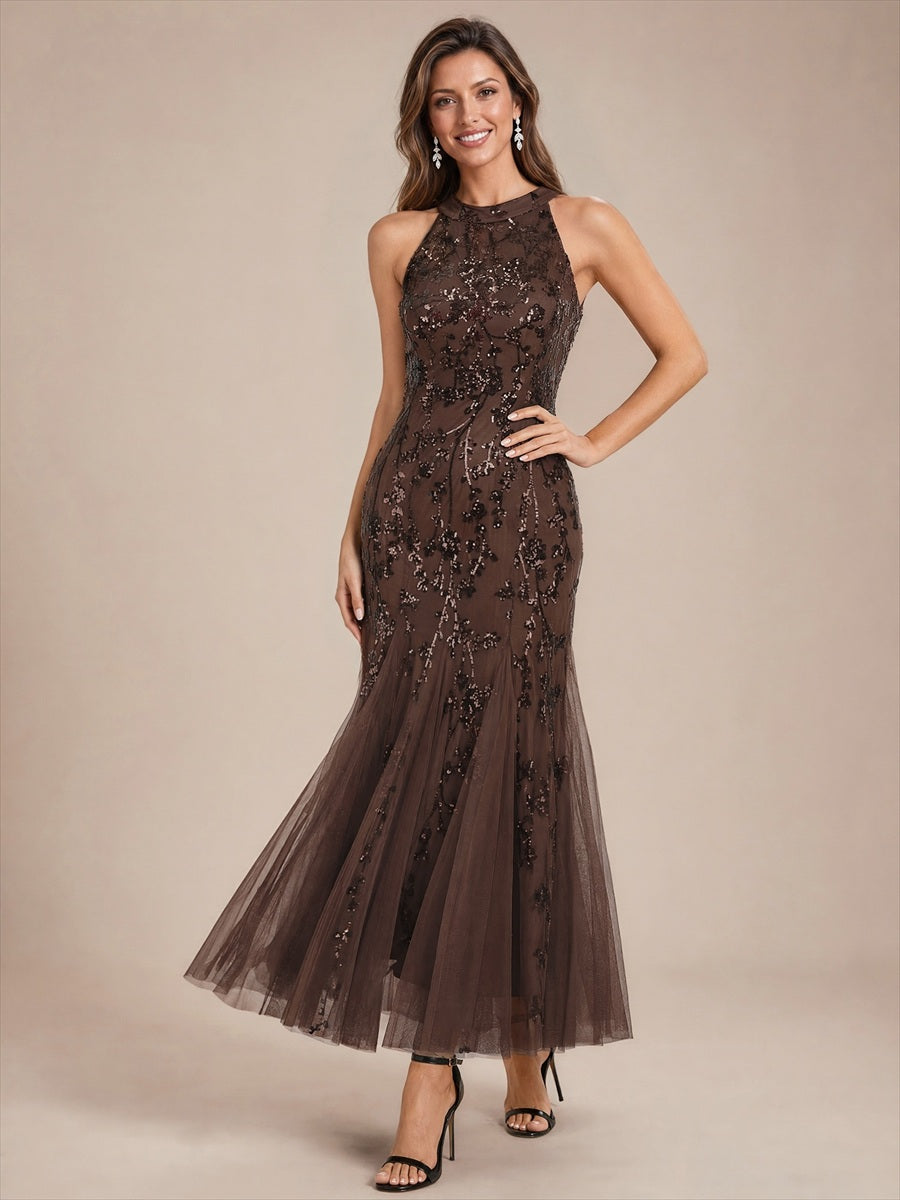 Maxilänge Halternacken Ausschnitt Figurbetontes Kleid Aus Pailletten Corsage Tüll Volants Kleid #Farbe_Chocolate Brown