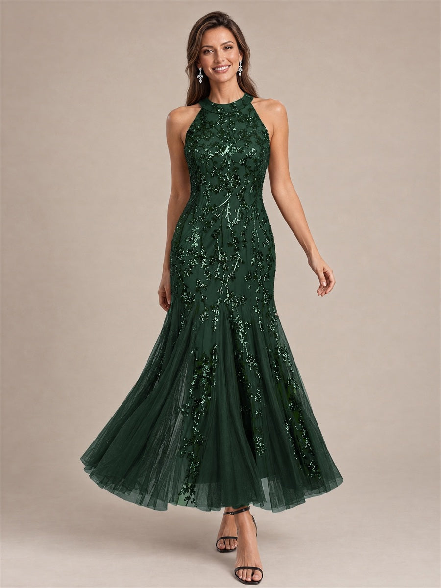Maxilänge Halternacken Ausschnitt Figurbetontes Kleid Aus Pailletten Corsage Tüll Volants Kleid #Farbe_Dunkles Waldgrün