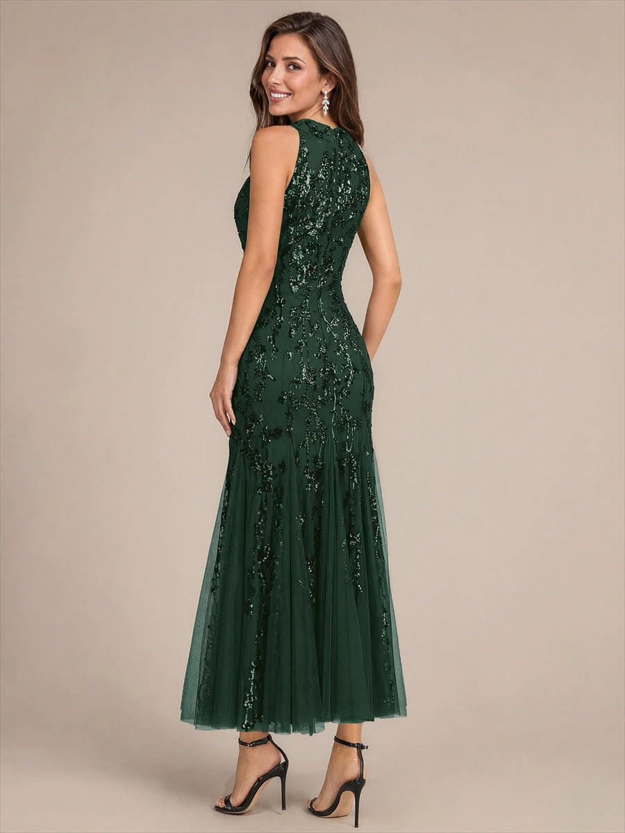 Maxilänge Halternacken Ausschnitt Figurbetontes Kleid Aus Pailletten Corsage Tüll Volants Kleid #Farbe_Dunkles Waldgrün