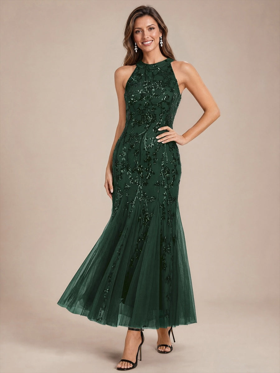 Maxilänge Halternacken Ausschnitt Figurbetontes Kleid Aus Pailletten Corsage Tüll Volants Kleid #Farbe_Dunkles Waldgrün