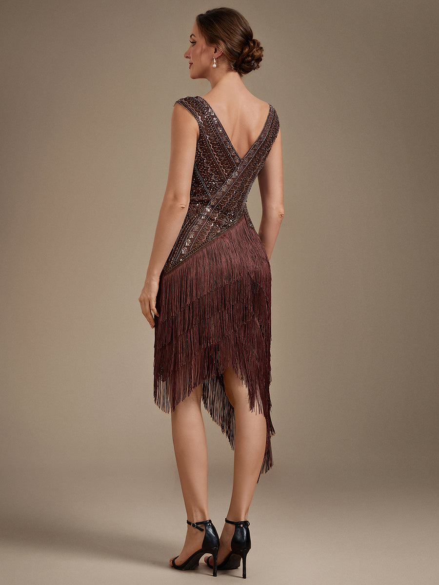 Knielang V-Ausschnitt Asymmetrischer Saum Tüll Kleid Pailletten Perlenbesetzt #Farbe_Braun