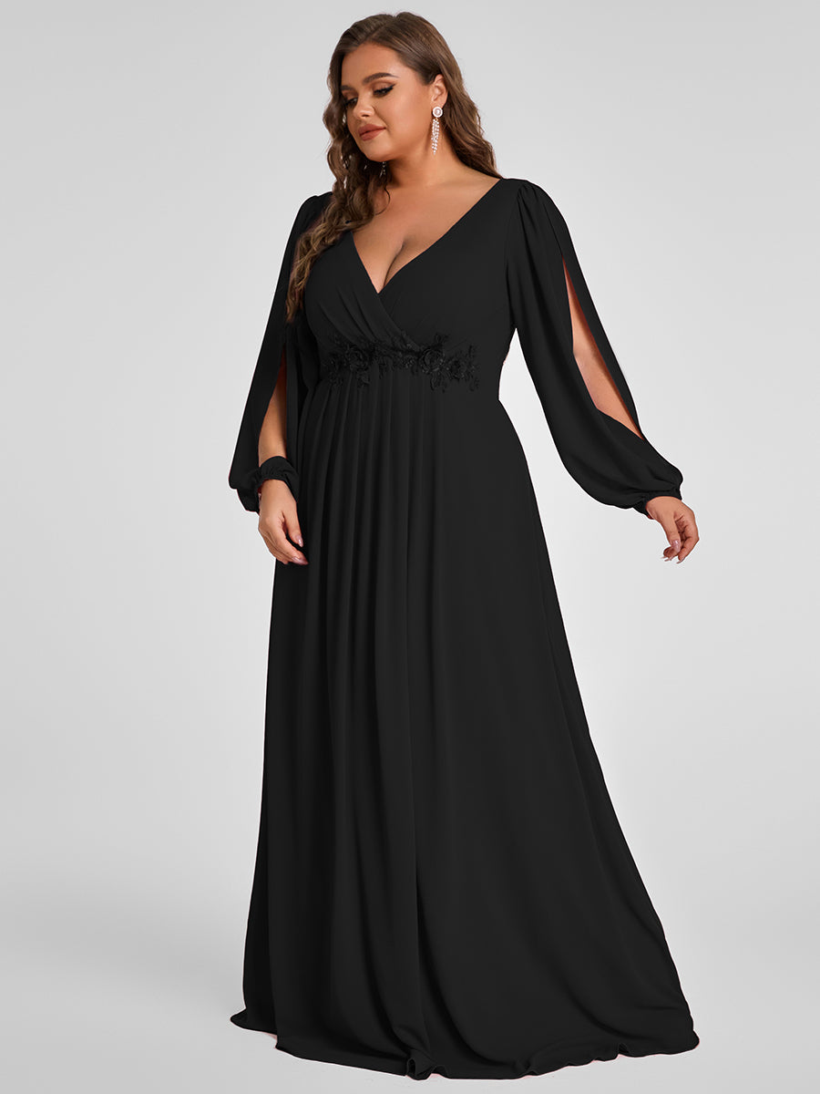 A-Linie Chiffon Lang mit Ärmel Brautmutterkleider #Farbe_Schwarz