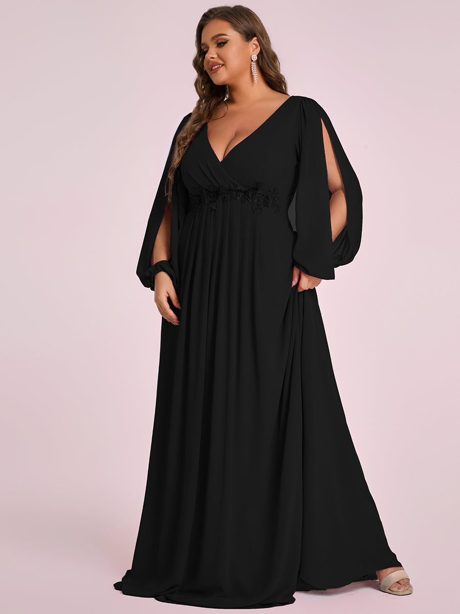 A-Linie Chiffon Lang mit Ärmel Brautmutterkleider #Farbe_Schwarz