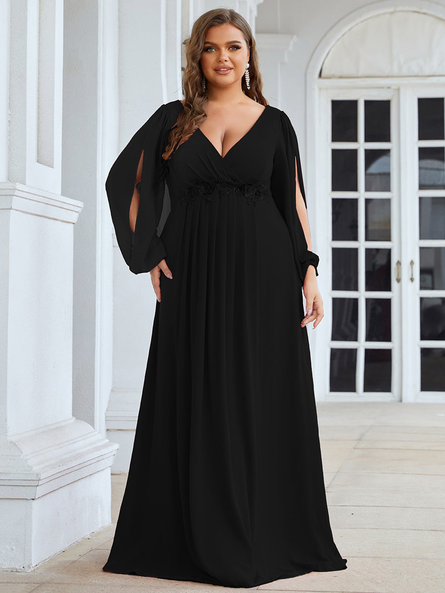 A-Linie Chiffon Lang mit Ärmel Brautmutterkleider #Farbe_Schwarz
