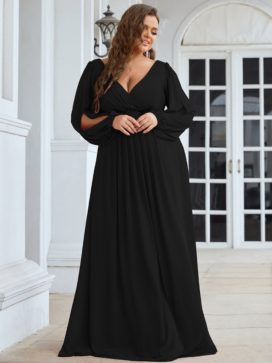 A-Linie Chiffon Lang mit Ärmel Brautmutterkleider #Farbe_Schwarz