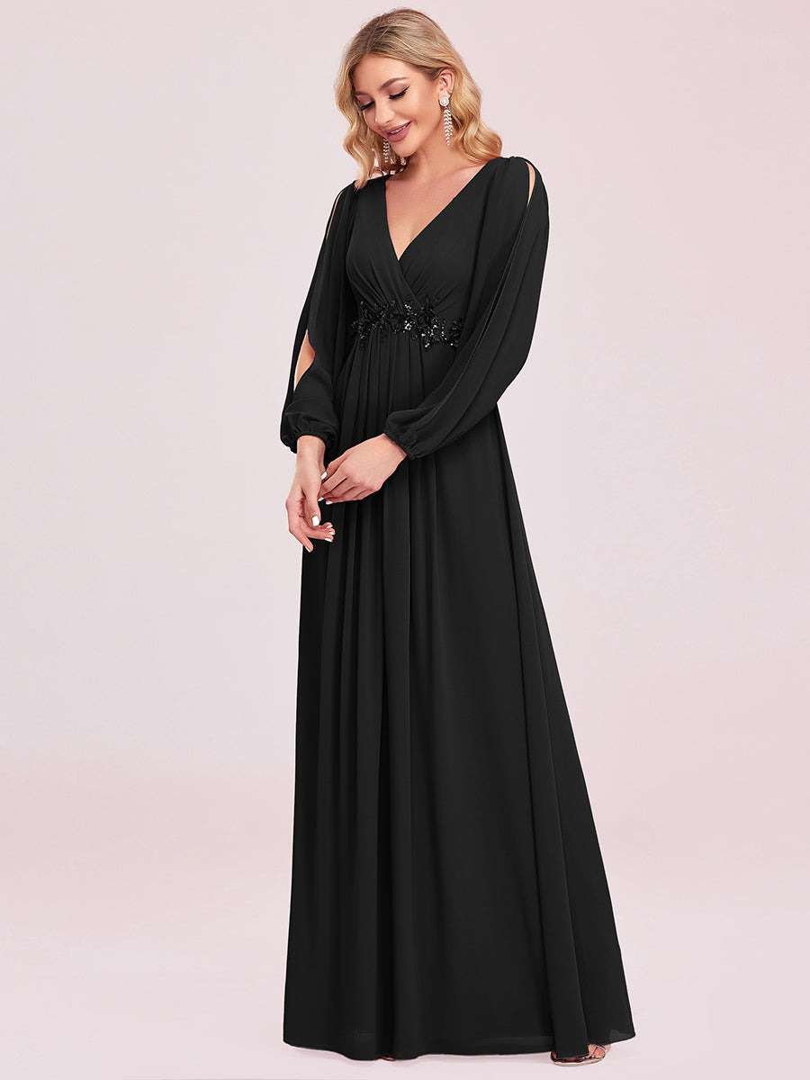 A-Linie Chiffon Lang mit Ärmel Brautmutterkleider #Farbe_Schwarz