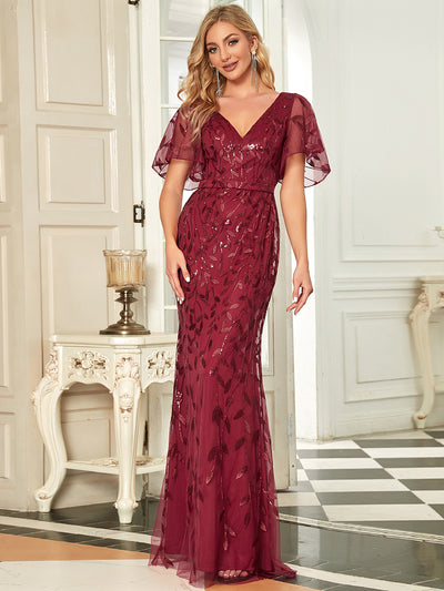 Bodenlanger Meerjungfrau Pailletten Kleid Mit Tiefem V-Ausschnitt Und Blumenmuster Elegantes Abendkleid #Farbe_Burgunderrot