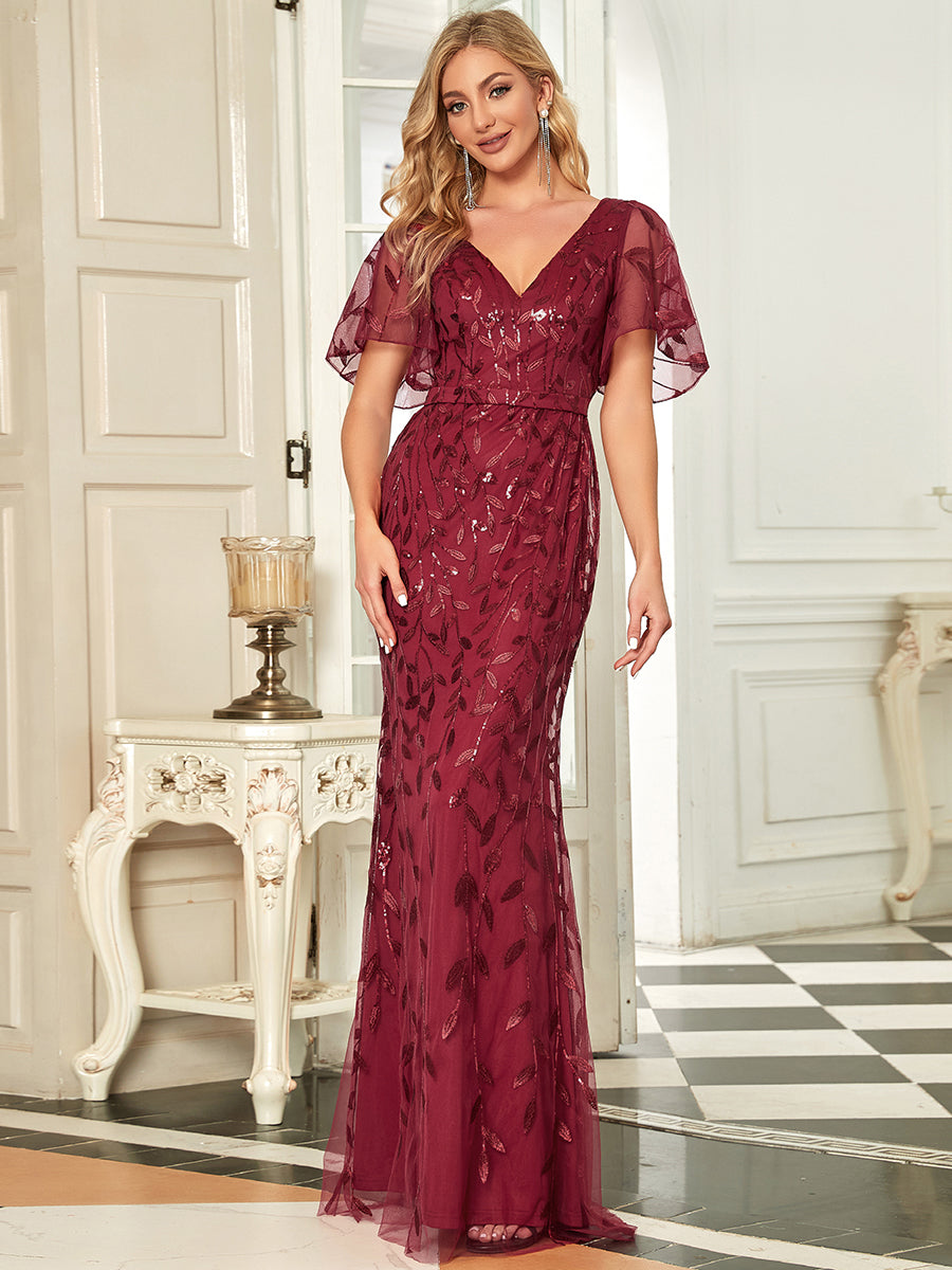 Bodenlanger Meerjungfrau Pailletten Kleid Mit Tiefem V-Ausschnitt Und Blumenmuster Elegantes Abendkleid #Farbe_Burgunderrot