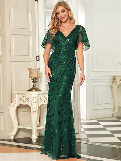 Bodenlanger Meerjungfrau Pailletten Kleid Mit Tiefem V-Ausschnitt Und Blumenmuster Elegantes Abendkleid #Farbe_Dunkelgrün
