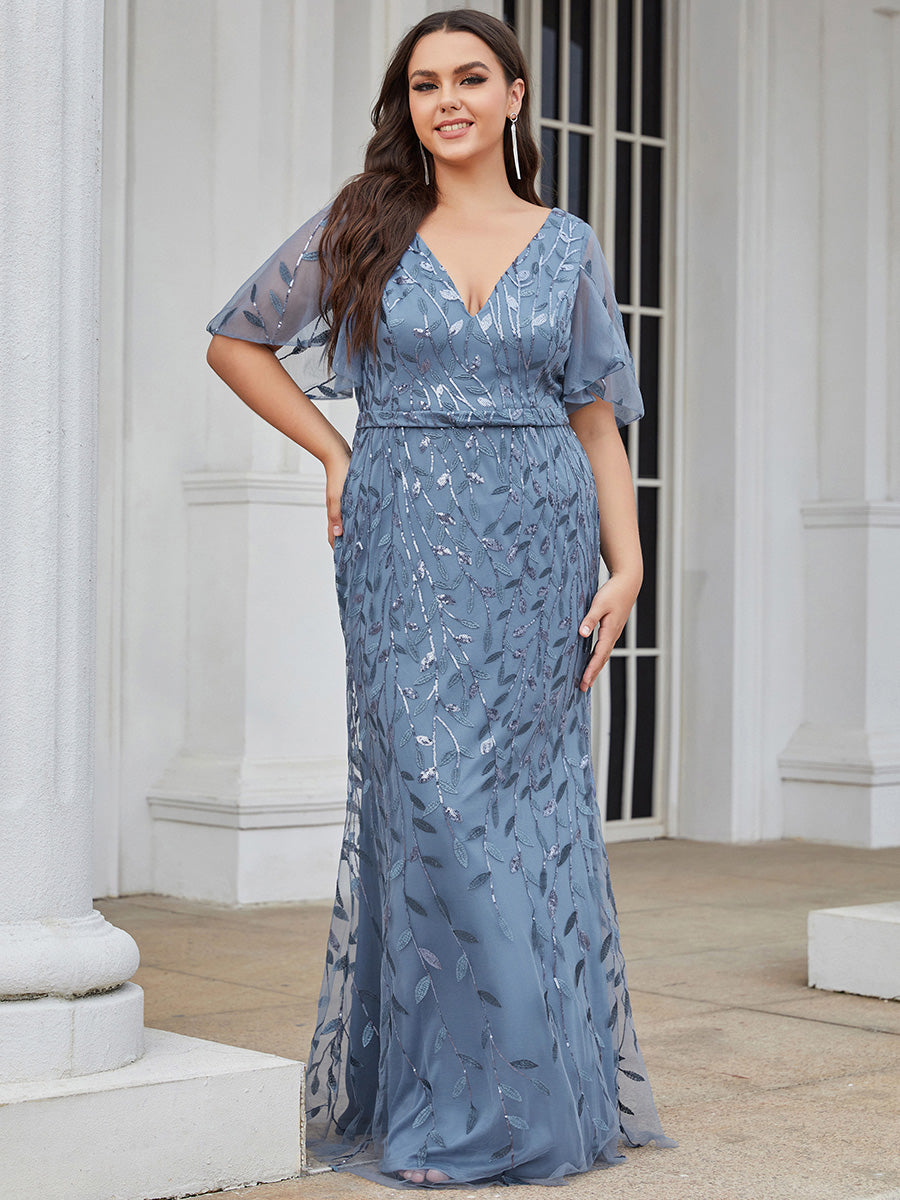 Bodenlanger Meerjungfrau Pailletten Kleid Mit Tiefem V-Ausschnitt Und Blumenmuster Elegantes Abendkleid #Farbe_Taubenblau